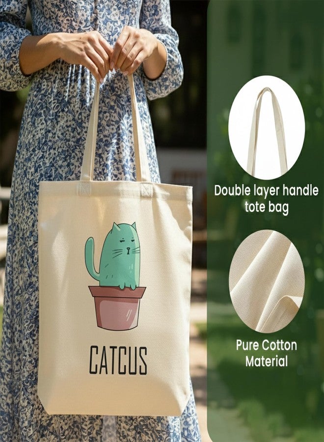 WRAPZY Premium Canvas Tote Bag for Women|Eco-Friendly, Reusable Tote Bag|Handbag for Women| Durable Shoulder Bag for Grocery, Travel, Work, School & Everyday Use | 16x14” (CATCUS, One Size) - Image 3